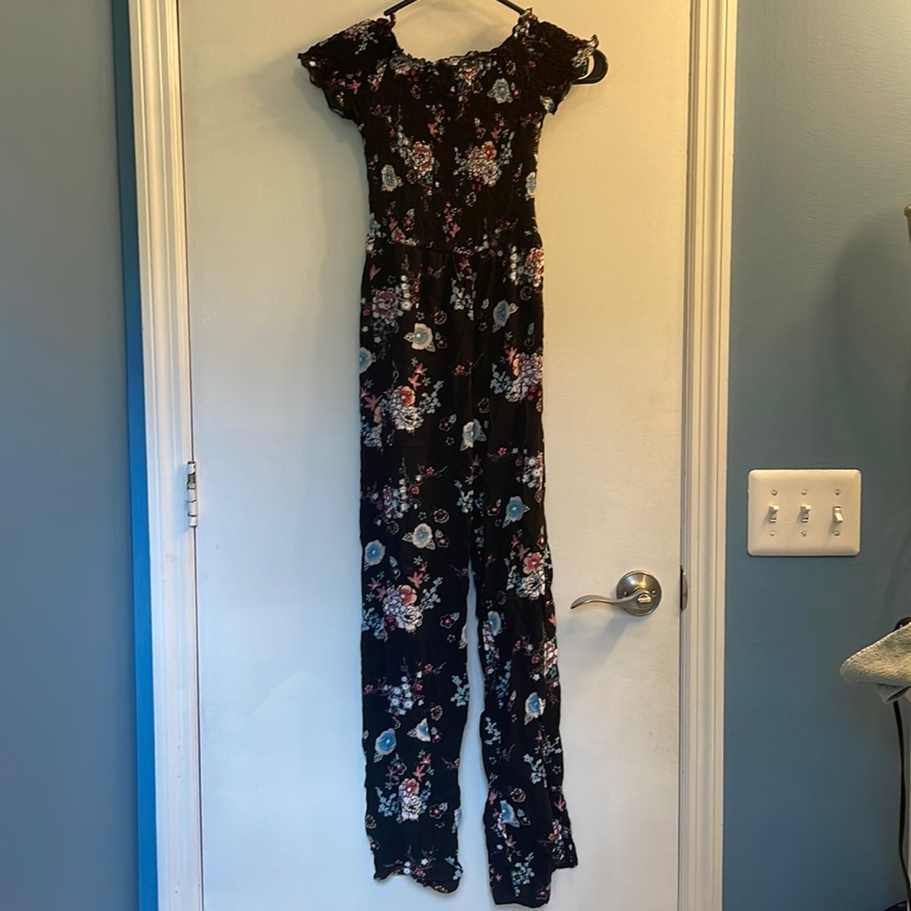 size xs floral off the shoulder flare bottom jumpsuit